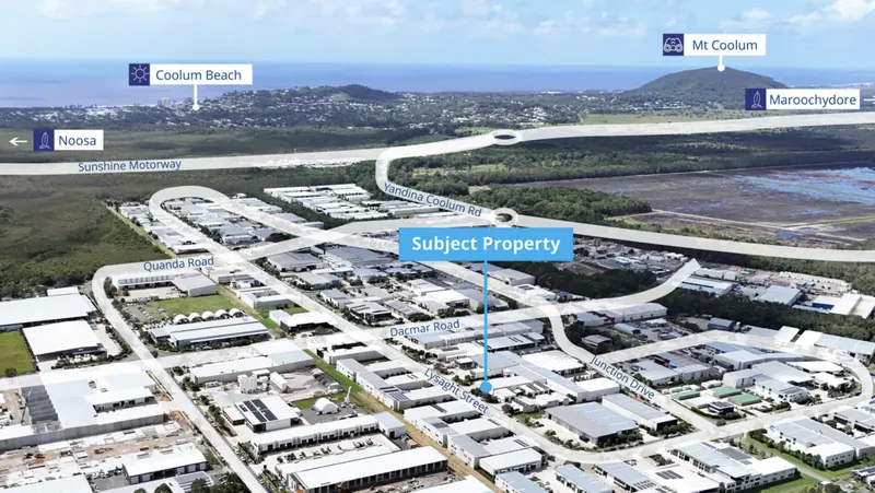 Aerial view of the Coolum Beach industrial estate showing the SeaFoam workshop location